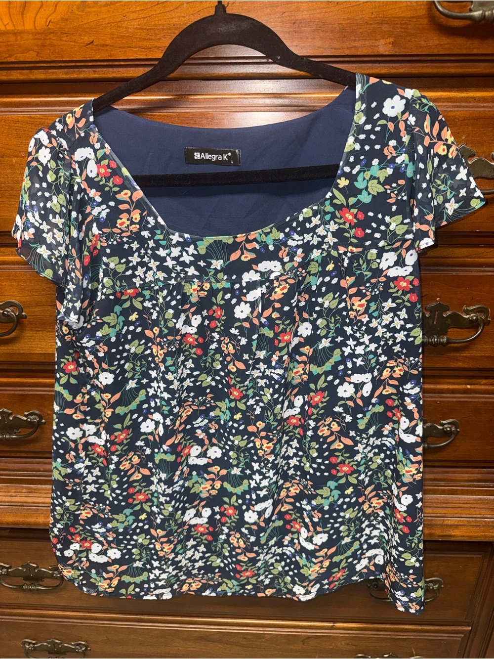 Allegra K Navy Floral Scoop Neck Short Sleeve Top